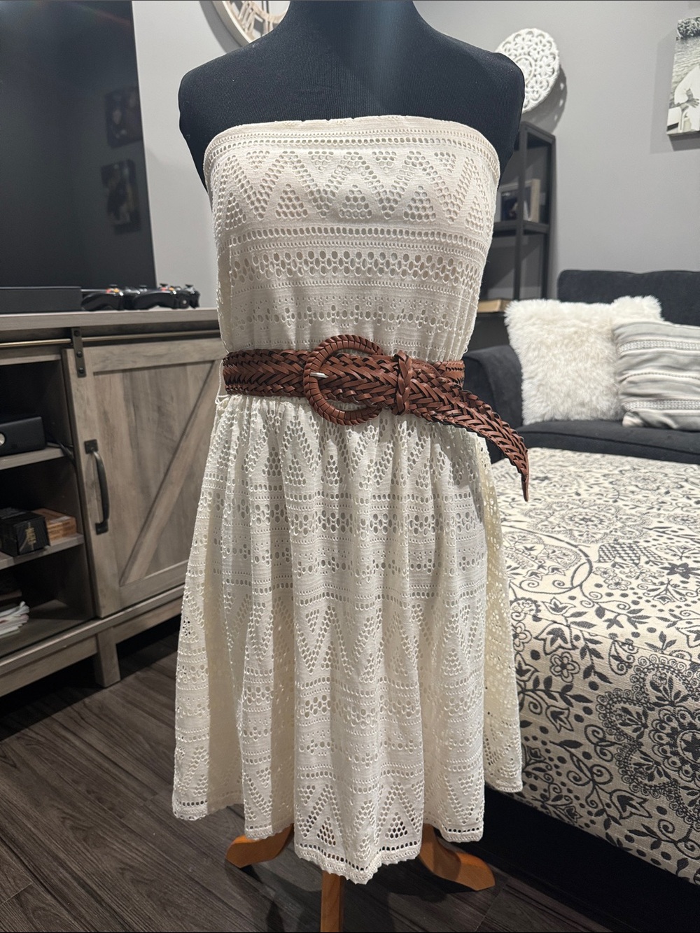 Cream Strapless Dress with Brown Braided Belt